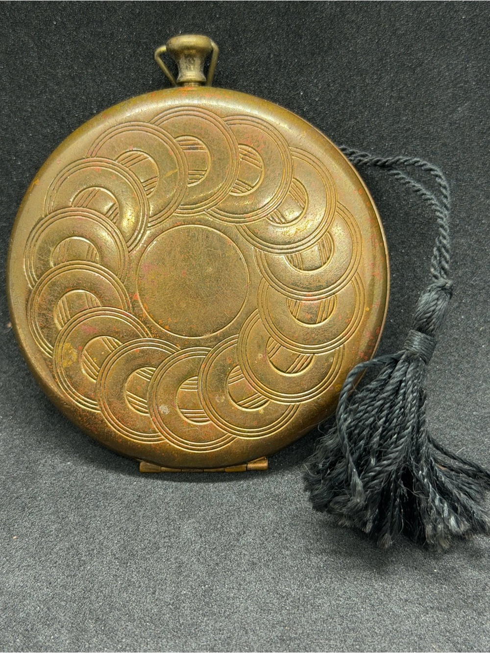 Vintage Compact Mirror with Tassel & powder pads Brass Etched